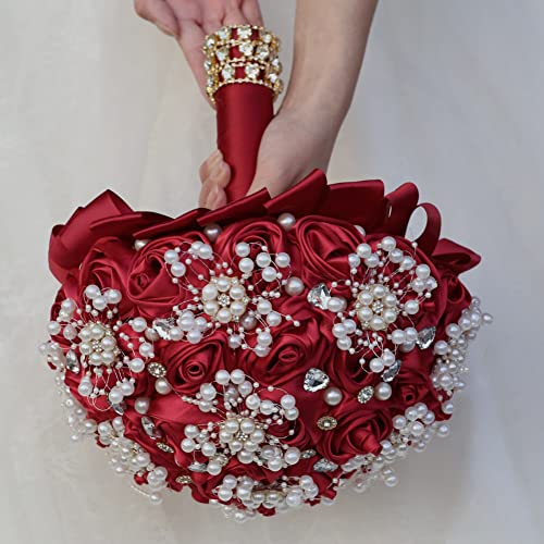 Burgundy Bridal Wedding Bouquet with Rhinestone Brooch Pearl Bouquet for Bride Bridesmaid Quinceanera Satin Red Rose Flower Bouquet Wedding Burgundy 8.7in - color: Burgundy (Standard Size: Dia.8.7")