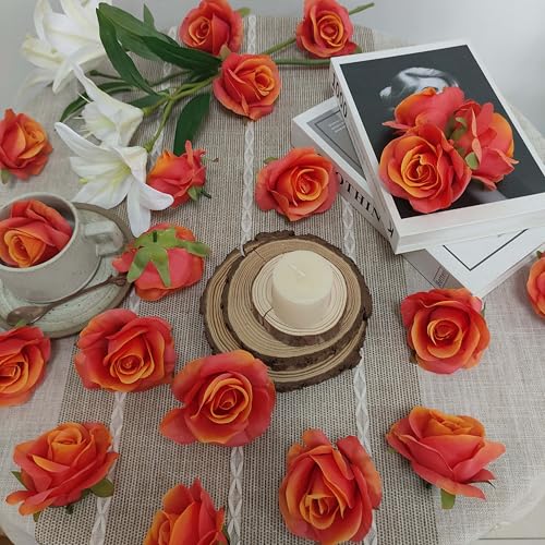 Artificial Satin Sunset Red Rose Flower Heads,42 Pcs Orange Red Silk Rose Heads with Stems,3.5'' Rose Artificial Flowers Bulk,Artificial Rose Flower Heads for DIY Crafts Bouquet (42, Sunset red) - color: Sunset