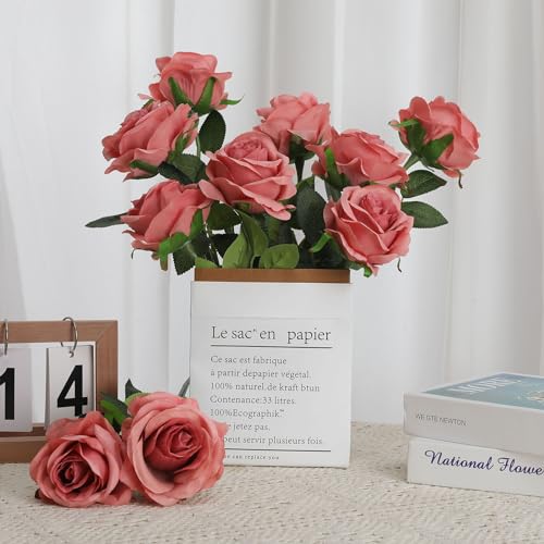 Pink Fake Roses Artificial Flowers - 10 Pcs Fake Artificial Roses Silk Flowers with Stems for Home Wedding Hotel Office Centerpiece Decor（Dusty Pink） - color: Dusty Pink, size: 10 Pcs
