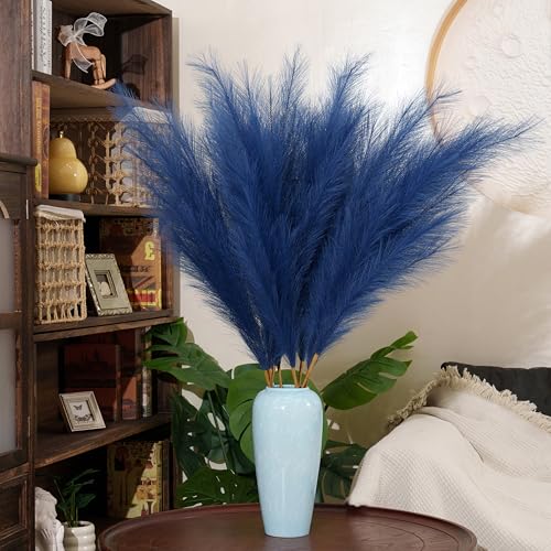 Premium Faux Dark Blue Pampas Grass – 43.3" Tall Fluffy Decor, 8pcs 18-Branch One-Piece Stems No Assembly, Luxury Silk-Feel Feather Flowers for Nautical Coastal Modern Home Decor Blue, 8 Stems/110cm - color: Faux Dark Blue, size: 8pcs 43.3"(110cm)