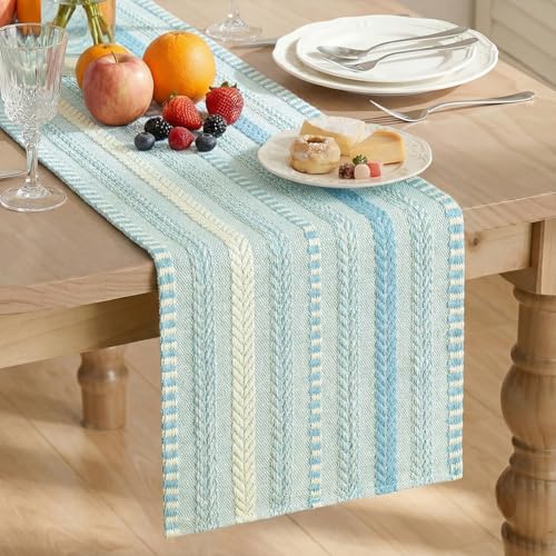 Artoid Mode Sky Blue Farmhouse Woven Table Runner, Seasonal Holiday Rustic Kitchen Dining Table Decoration for Home Party Decor 12x72 Inch - color: Sky Blue, size: 12" x 72", Table Runner