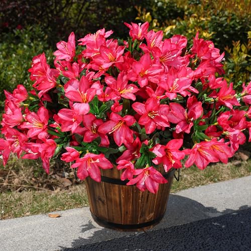INSPRING Artificial Flowers for Outdoors Outside Summer Decoration, 3 Bundles Fake Silk Azalea Plants UV Resistant Realistic Faux Flowers for Outdoor Planters Front Door Patio Garden Home, Hotpink - color: Hotpink