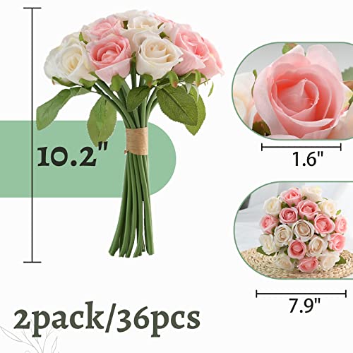 ZMZQ&flw 36PCS Roses Artificial Flowers Pink&Cream, Silk Flowers with Stems Fake Flowers Bouquet for Outdoor Bridal Wedding - color: Pink&white 36pcs