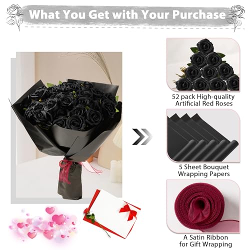 Fanfantoey Black Roses Artificial Flowers Bulk, 52Pcs Fake Roses Flower Arrangement, DIY Silk Flowers Roses Bouquet, Realistic Faux Artificial Roses for Mother's Day Home Table Decor