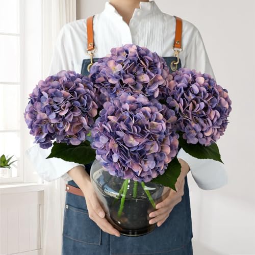 JINWOE 4Pcs Puple Artificial Silk Hydrangea Flowers,22" Silk Faux Hydrangea Bouquet for Home Table Centerpieces Wedding Garden Party Decoration - color: Puple