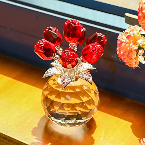 Red Rose Flower Crystal Figurine with Vase, Bouquet Flowers Ornament Gifts for Wife Girlfriend Women , Handmade Crystal Flower Collectible Home Table Decor for Valentine's Day Wedding Anniversary - color: Red-crystal Rose