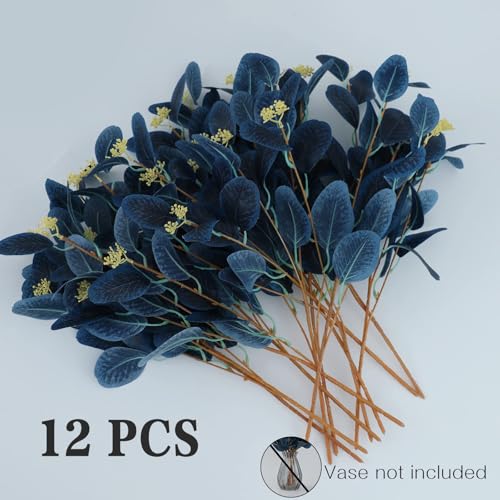 dallisten 20" Silk Artificial Eucalyptus Stems, 12Pcs Fake Eucalyptus Stem with Leaves Berries, Greenery Plants Floral Decorations for Wedding Party Flower Arrangement Home Decor (Navy Blue) - color: Navy Blue