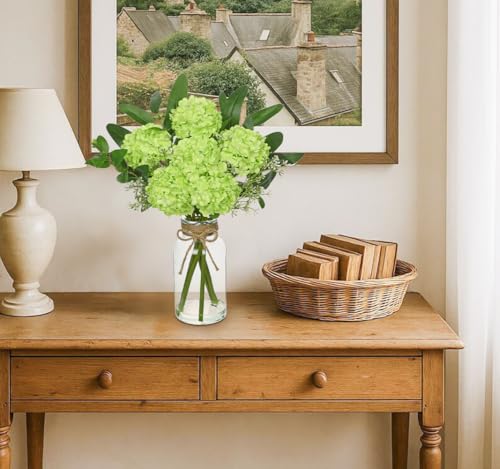 Hollyone Green Hydrangea Artificial Flowers in Clear Glass Vase with Faux Water Silk Hydrangeas Fake Flowers Floral Arrangement for Home Bathroom Kitchen Office Table Centerpiece Shelf Decorations - color: Green
