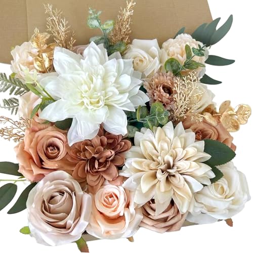 Artificial Flowers Combo Box Set Terracotta Silk Roses Dahlia with Stems DIY Bridal Wedding Bouquets Cake Gold Boho Nude Beige Fake Floral Arrangements Baby Shower Party Table Centerpieces Home Decor - color: Nude, Terracotta