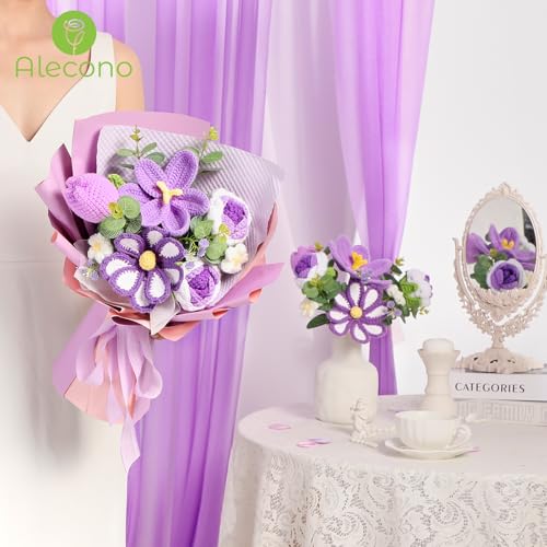 Alecono Crochet Flower Bouquet, Purple Knitted Flowers, Crochet Tulip Galsang Flower for Lover Anniversary Birthday Party Mother's Day Graduation Gifts (Include Card) - color: Purple, size: Large