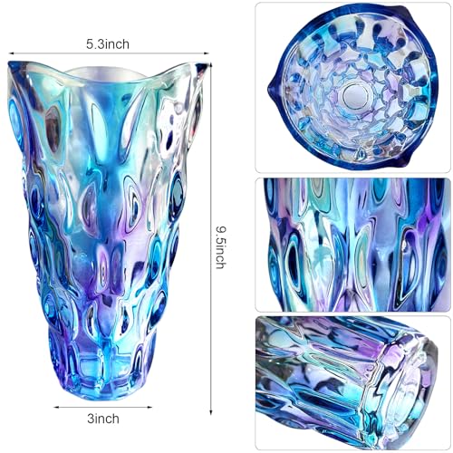 9.5" High Thickened Colorful Blue Glass Flower Vase for Home Decor, Dining Wedding Table Office Holiday Party Centerpiece Decoration - color: Magic Magic Colorful Blue Color