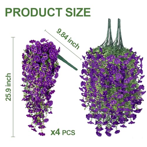 4PCS Artificial Hanging Flowers for Outdoors, 600 Blooms UV Resistant Morning Glory Vine Fake Flowers with Eucalyptus, Realistic Silk Faux Hanging Plants Spring Summer Decorations for Outside (Purple) - color: Purple, size: 4PCS