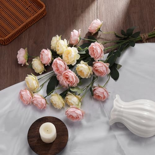 6 Pcs 32" Large Beige Pink Artificial Peonies Stems Flowers, Real Look Faux Silk Peony Bouquet 42 Heads Total for Vase Filler, Farmhouse Rustic Neutral Home Decor, Wedding Centerpieces - color: Beige and Pink
