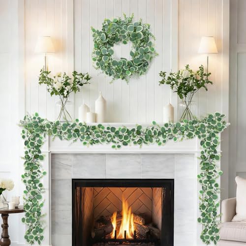 Betylifoy 2 Pcs Artificial Eucalyptus Garland 12FT Faux Silver Dollar Eucalyptus Leaves Garlands Hanging Vines Fake Greenery Garland with Flowers for Wedding Party Table Runner Home Mantle Decor - size: 2pcs
