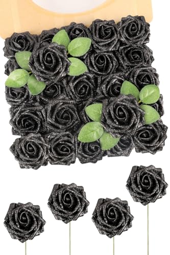N&T NIETING Artificial Flowers Glowing Black Flowers Foam 50pcs Glitter Roses Real Looking Fake Roses with Stem for DIY Wedding Bouquets Centerpieces Bridal Shower Party Home Decorations - color: Glitter Black, size: 50pcs