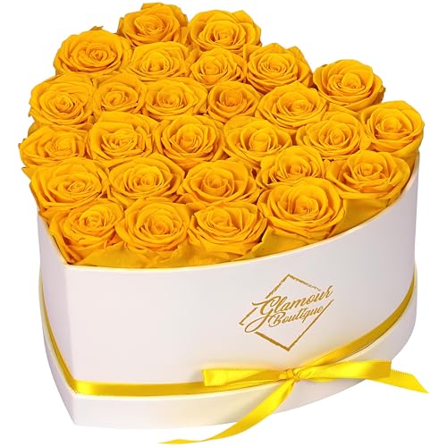GLAMOUR BOUTIQUE Preserved Roses in a Box - Gifts for Her, Wife & Mom, Rose Flowers Forever Decor for Birthday Gift, Get Well Flower Bouquet Cased in White Box with Cover - Yellow - 27 (Color-Treated) - color: Yellow, size: 27 Roses Heart Box