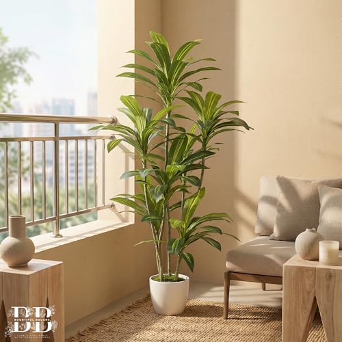 Dracaena Artificial Tree with Small Black Pot & Moss – Lifelike Natural Look, Maintenance-Free, Indoor & Outdoor Plant for Home, Office, Balcony & Patio (5ft, Standard Black Plastic Base)