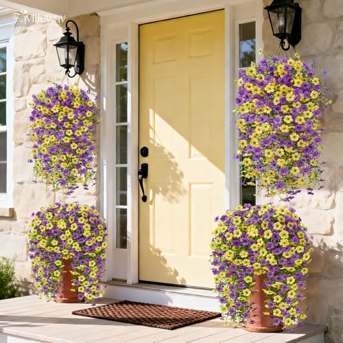 Artificial Hanging Flowers for Outdoors Spring Summer Decoration, 8PCS UV Resistant Silk Fake Hanging Plants for Patio Porch Front Yard Window Garden Indoor Decor(Purple&Yellow,8PCS) - color: Purple&yellow, size: 8PCS