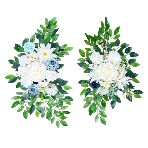 Artificial Wedding Arch Flowers (Pack of 2), White Wedding Flowers for Wedding Welcome Ceremony Sign, Faux Floral Swags, Banquet and Reception Backdrop Floral Decoration (White & Blue) - color: White & Blue