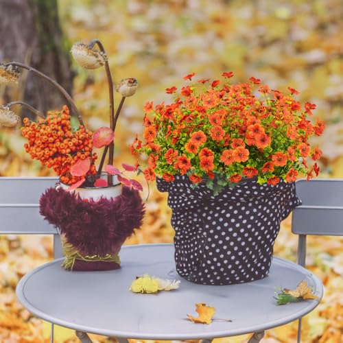LikSoor 16 Bundles Artificial Flowers Outdoor Spring Summer Decoration Fake Silk Colorful Daisy Eucalyptus Realistic UV Resistant Outside Faux Plants for Garden Porch Window Box Home Decor (Orange) - color: Orange