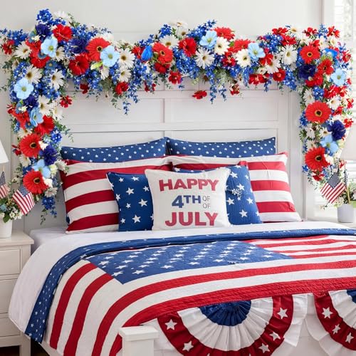 6 ft Red White Blue Garland 4th of July Patriotic Flower Garland for Mantle Artificial 250th Decoration with Daisy Lavender Vine Memorial Day Faux Floral for Independence Table Decor - style: Independence Day