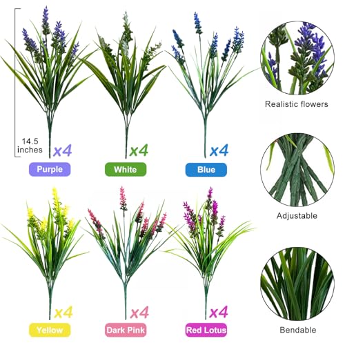 Artificial Flowers for Outdoors, 24 Bundles 6 Colors Fake Lavender Flowers Monkey Grass, Faux Plants Shrubs, UV Resistant Artificial Plants for Outdoor Garden, Window Box, Patio, Wedding Decorations