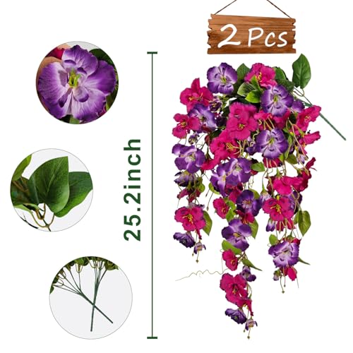 Artificial Fake Hanging Flowers Plants for Outdoor, Faux Silk Hibiscus Long Trailing Vines Realistic UV Resistant for Home Outside Front Porch Planter Patio Yard Decor (Purple+Purple Red) - color: Purple+purple Red
