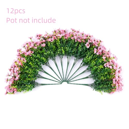 HyeFlora Artificial Flowers for Outdoor Indoor Garden Home Decoration, Faux Flower Daisy with Eucalyptus Leaves Fake Plants Greenery Boxwood Porch Patio, 12 Bundles (Pink) - color: Pink