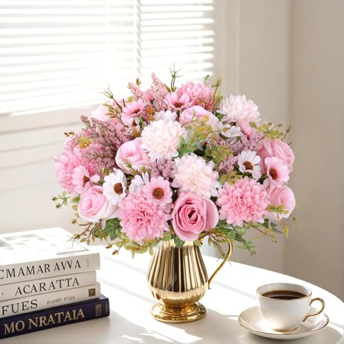 Dremisland Artificial Flowers Like Real Artificial Bouquet 4 Packs Silk Artificial Roses Bouquet with Daisy Chrysanthemum Pink Flowers for Valentines Day Centerpiece Table Wedding Party Decor - color: Pink, size: 4PCS