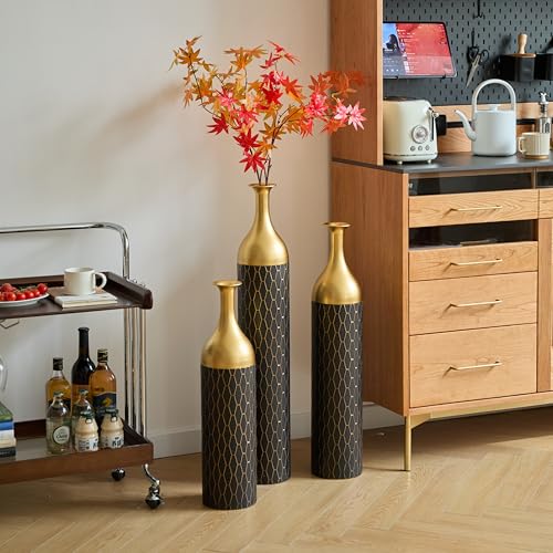Floor Vases, Tall Home Decor Metal Vase Set of 3 Large Glazed Decorative Vases for Wedding Decor, Elegant Modern Flower Holder for Living Room, Entryway, Hallway - color: Diamond Black Gold