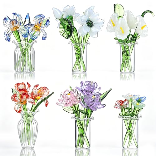 FoldTier 42 Pcs Mini Glass Flower Decoration Hand Blown Glass Flower Figurines Collectible Ornaments with Vase for Mothers Day Birthday Table Centerpiece Garden DIY Craft(Style 2) - style: Style 2