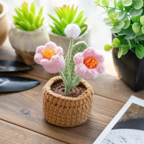 Handmade Crochet Flowers, 5 Inches Small Potted Plants, Knitted Canterbury Bells Desk Decorations for Home Office Decor (Two Heads) - color: 3：canterbury Bells