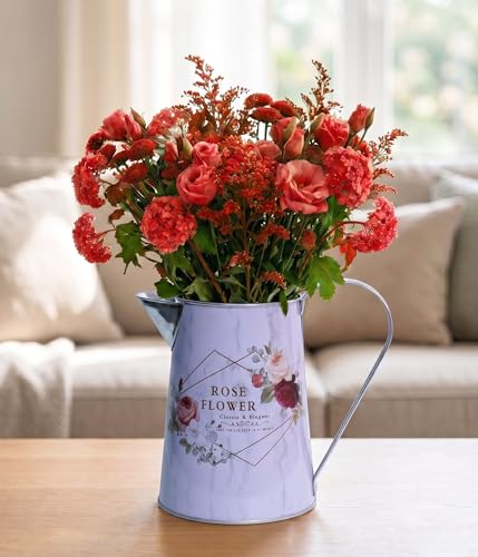 Yoillione White Metal Flower Vase with Rose Floral Pattern, Jug Pitcher Vase with Handle for Romantic Farmhouse Home Decor, Gifts for Women Girls - color: Rose, size: Small
