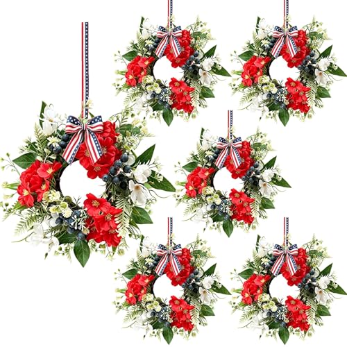 6 Pcs Small 4th of July Hanging Wreaths for Cabinets with Red Flowers White Blossoms Blue Berries American Flag Bow Mini Independence Day Candle Rings Wreath for Home Kitchen Front Door Window Porch - color: Patriotic-12
