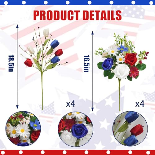 8PCS Patriotic Artificial Flowers Mixed Bush Red White Blue Rose Tulip Flowers Memorial Day Flower Bouquet for 4th of July Independence Day Grave Home Table Decoration