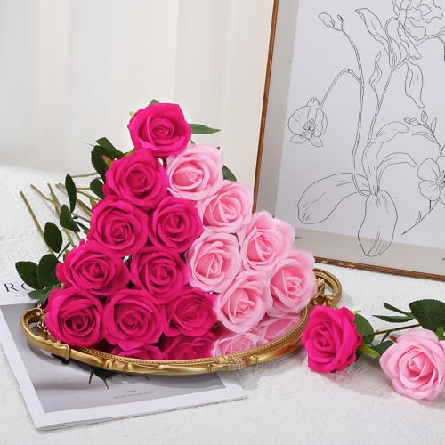 72 Pcs Artificial Roses Hot Pink, Pink Fake Silk Roses Realistic Roses Faux Flower Indoor Wedding Home Decor, Birthday Decorations - color: Pink,hot Pink
