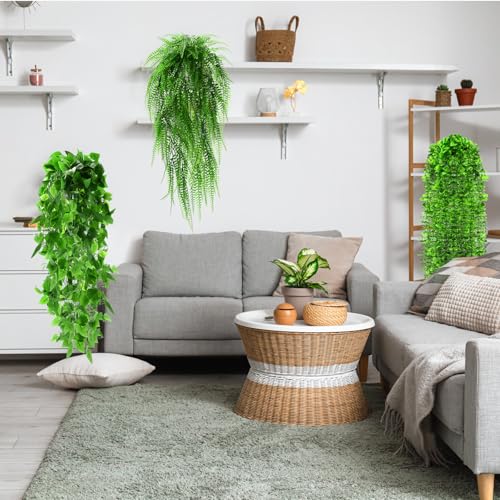 Daifunli 16 Pcs Artificial Hanging Plants Fake Hanging Ferns Plastic Faux Plants for Wall Room Garden Garland Indoor Outdoor Decor No Basket (Boston,Eucalyptus,Ivy Vine,String of Pearls) - style: Boston, Eucalyptus, Ivy Vine, String of Pearls
