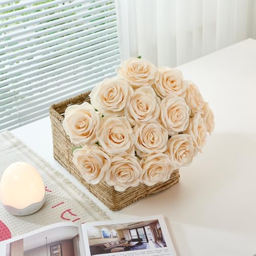 50Pcs Champagne Roses Artificial Flowers Artificial Silk Roses Bulk,Fake Roses Flower with Stems Realistic Flowers for Wedding Centerpiece Home Party Decor - color: 50pcs Champagne