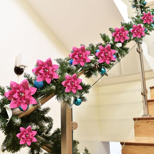 Geosar 36 Pcs Christmas Glitter Artificial Poinsettia Flowers Xmas Poinsettia Artificial Wedding Flowers Decorations Xmas Tree Ornaments with Clips for Party, 6 Inch, 4 Inch, 3 Inch(Peach Red) - color: Peach Red