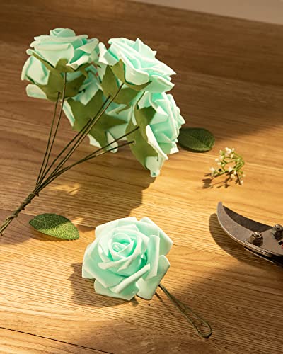 DuHouse 25Pcs Artificial Roses Flowers Fake Roses with Stems Real Touch Foam Flowers for DIY Wedding Bouquet Centerpiece Floral Arrangement Party Home Decor(Mint Green) - color: Mint Green, size: 25pcs