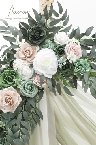Floroom Arch Flowers with Drapes Kit (Pack of 4) - 2pcs Artificial Emerald & Sage Green Floral Swag Arrangement with 2pcs Draping Fabric for Wedding Ceremony Arbor and Reception Backdrop Decoration - color: Emerald & Sage Green
