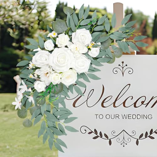 Wedding Arch Faux Flowers Set of 2, Wedding Welcome Signs Greenery Garland Decoration for Ceremony, Reception, Backdrop (White) - color: White-1