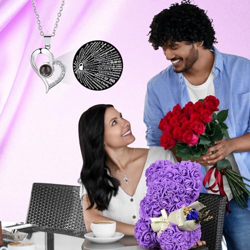 Gifts for Mother Rose Bear Gifts for Women, Rose Teddy Bear Birthday Gifts for Girlfriend Wife, Flower Bear withI Love You Necklace in 100 Languages - color: Purple