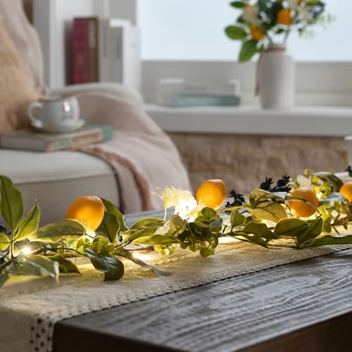 Valery Madelyn 6ft Artificial Lemon Garland for Mantel Summer Decor(Thin) | Faux Lemons Eucalyptus & Blueberry Summer Garland with Lights for Stairs Table Fireplace Farmhouse Kitchen Home Decor - size: Medium