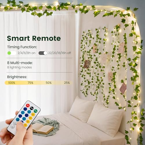 HEYFUNi Ivy Vines with Fairy Lights with Remote, 23 Ft 73 led Artificial Green Leaf String Lights USB/Battery Operated, Fake Vines for Bedroom Wall Aesthetic, Dorm, Room Decor, Warm White - color: IVY- Remote, size: 73 LED-USB & Battery