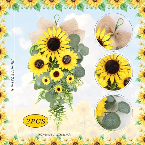 24in Artificial Sunflowers Teardrop Swag Spring Summer Sunflowers Floral Swag Wreath with Burlap Bow Fake Yellow Sunflower Garland for Front Door Indoor Outdoor Window Home Decor - color: Sunflower Swag