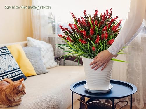 RECUTMS 12Pcs Fake Grass Plant,Fake Plants Outdoor, Artificial Grass, UV Resistant Faux Bushes Plastic Artificial Greenery Shrubs, Faux Greenery for House Garden Patio Front Porch Indoor Decor(Red) - color: Red