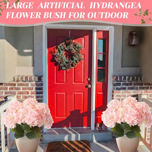 Hotop Hydrangea Artificial Flower Bush for Outdoor 19.6inch Large Silk Hydrangea 5 Heads Realistic UV Resistant Fake Flower for Porch Bouquet Window Box Wedding Indoor(2 Pcs,Pink) - color: Pink