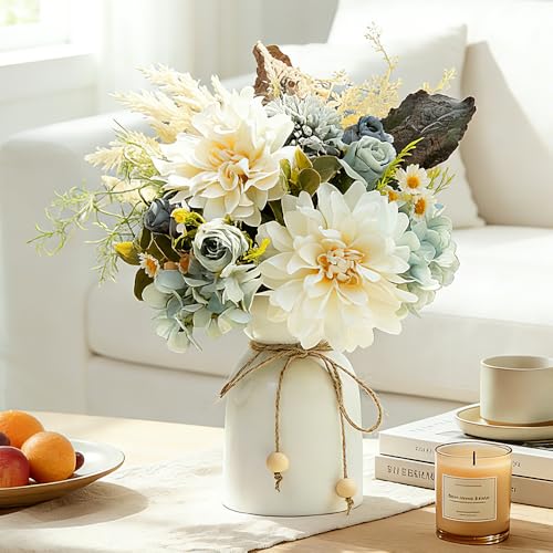 Fake Flowers with Vase Silk Dahlia Artificial Flowers in Vase Faux Hydrangea Flowers Arrangements with Vase for Home Office Decoration Dining Table Centerpiece (Blue) - color: Blue