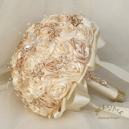Handmade Wedding Flowers Bouquet Round Holding Bridal Bouquet Artificial Satin Roses Bunch for Bride Bridesmaid Wedding Quinceanera - color: Cream & Camel, size: Large (Dia. 9.8"/25cm)